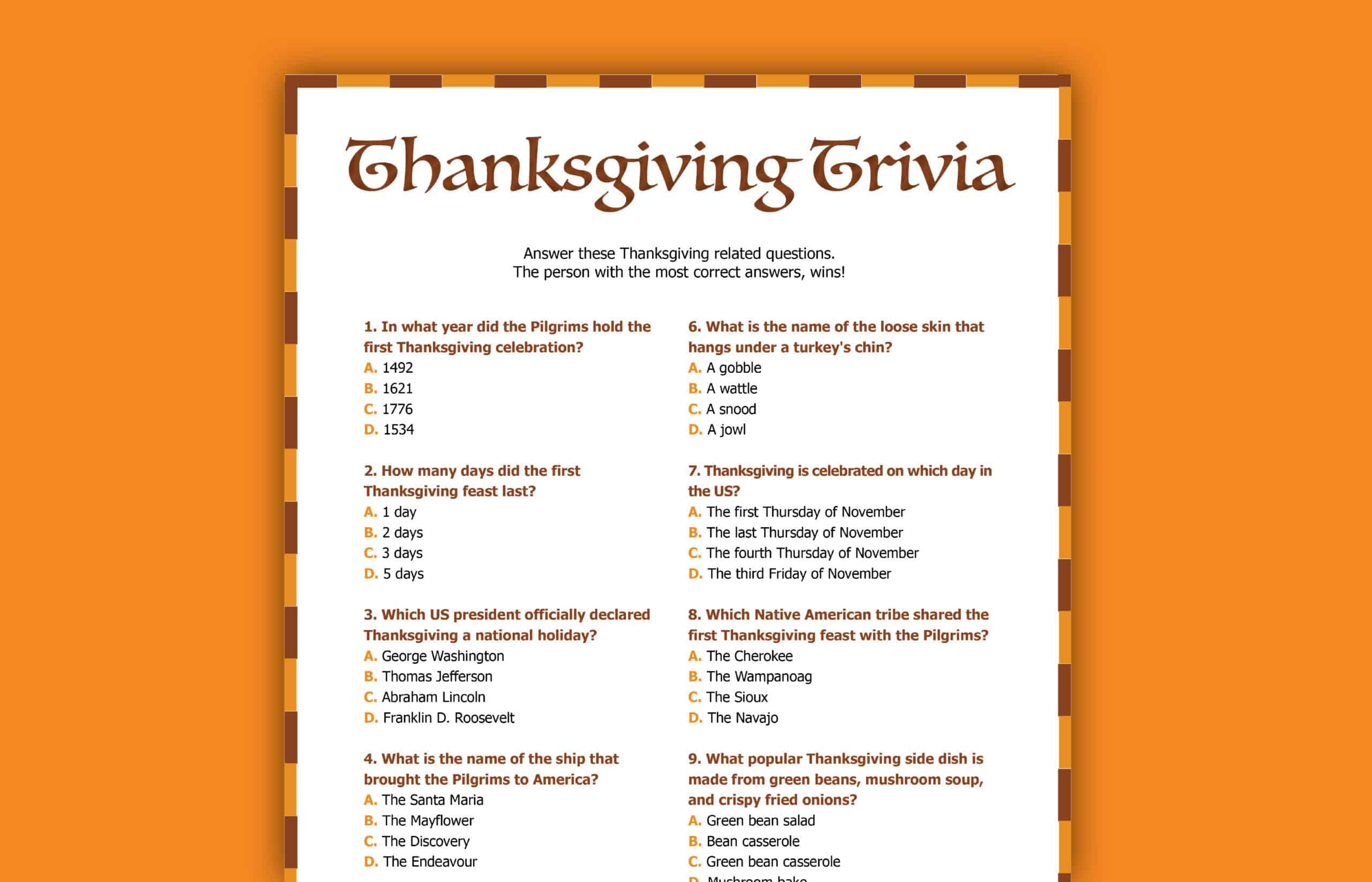 Free Thanksgiving Trivia Questions & Answers Printable